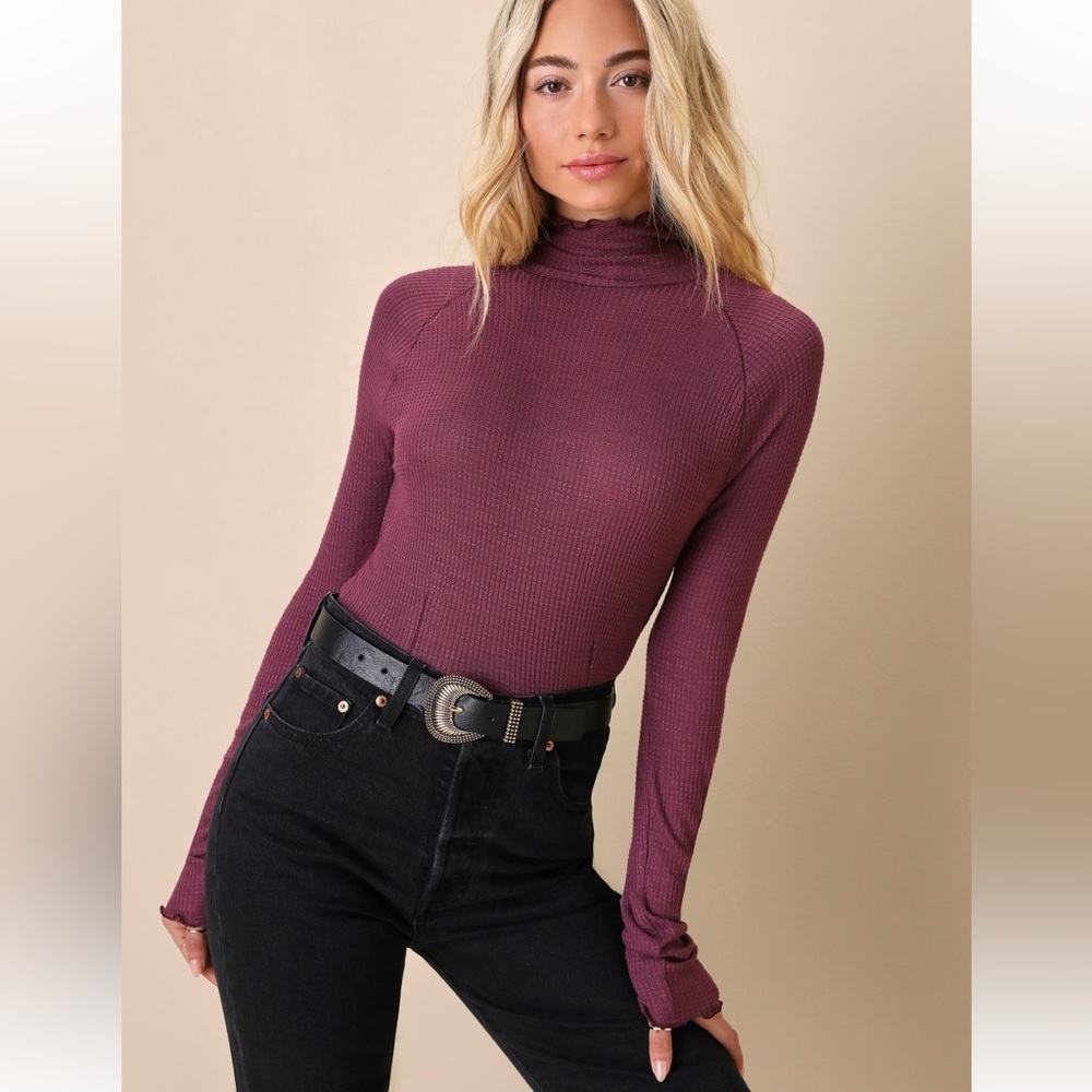 NWOT Free People Make It Easy Washed Purple Turtleneck Lettuce Edge Thermal Top
